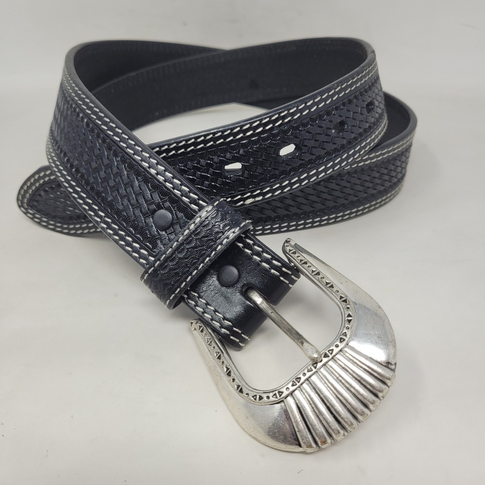 Cowboy Chrome Belt Mens 46 Black Leather Handtooled Basketweave Western Cowboy